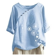 Scyoekwg Summer Tops for Women 2024 Trendy Cotton Linen Short Sleeve T Shirts Casual Round Neck Button Dandelion Print Graphic Tees Shirts Loose Fit Blouses Tunic Light blue XL